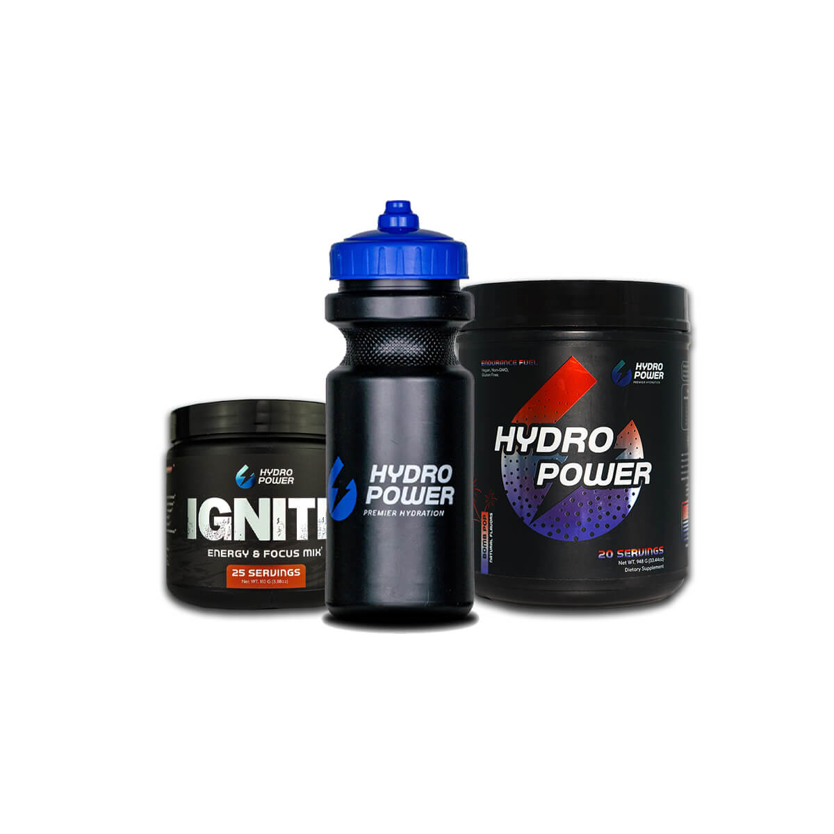 Hydro Power Starter Bundle 1x Bomb Pop Endurance Fuel + Ignite Cherry Limeade + Cycle Bottle