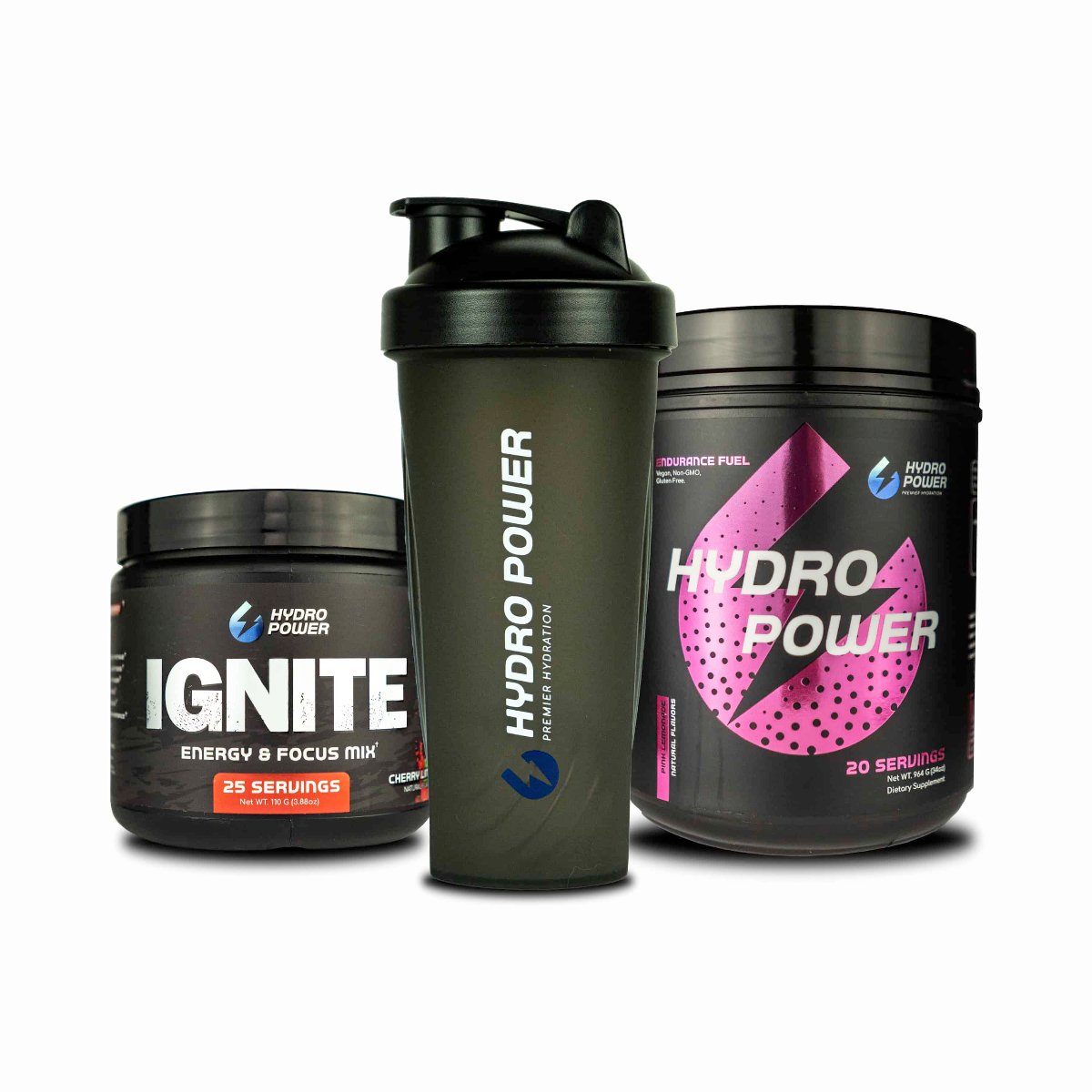 Hydro Power Starter Bundle 1x Pink Lemonade Endurance Fuel + Ignite Cherry Limeade + Cycle Bottle